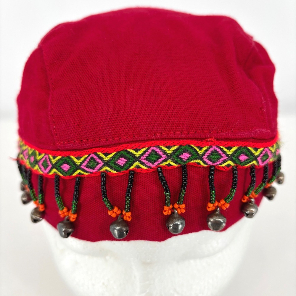 Red Embroidered Pom-Pom Trim Cotton Hat - Picture 2 of 5